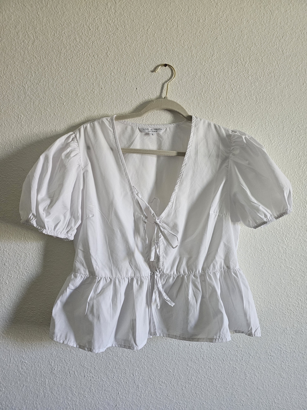 White Puff Sleeve Tie-Front Peplum Top